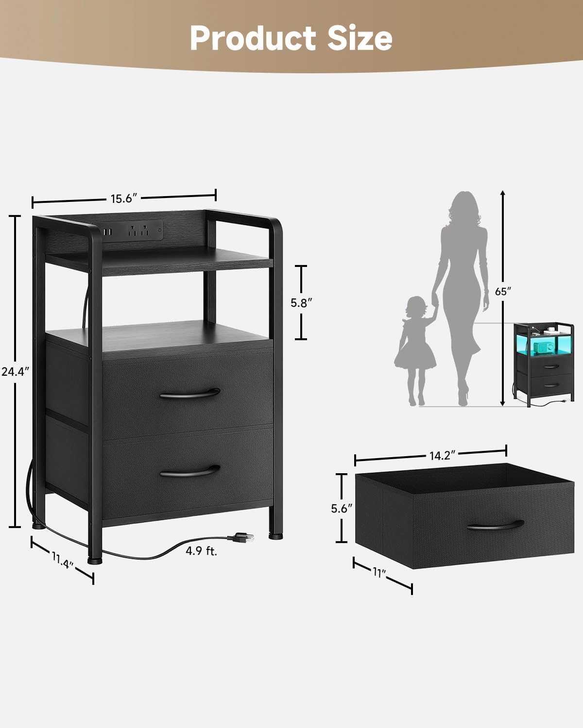 Lazzanto Nightstand with Charging Station, LED Light & 2 Drawers - Image 3