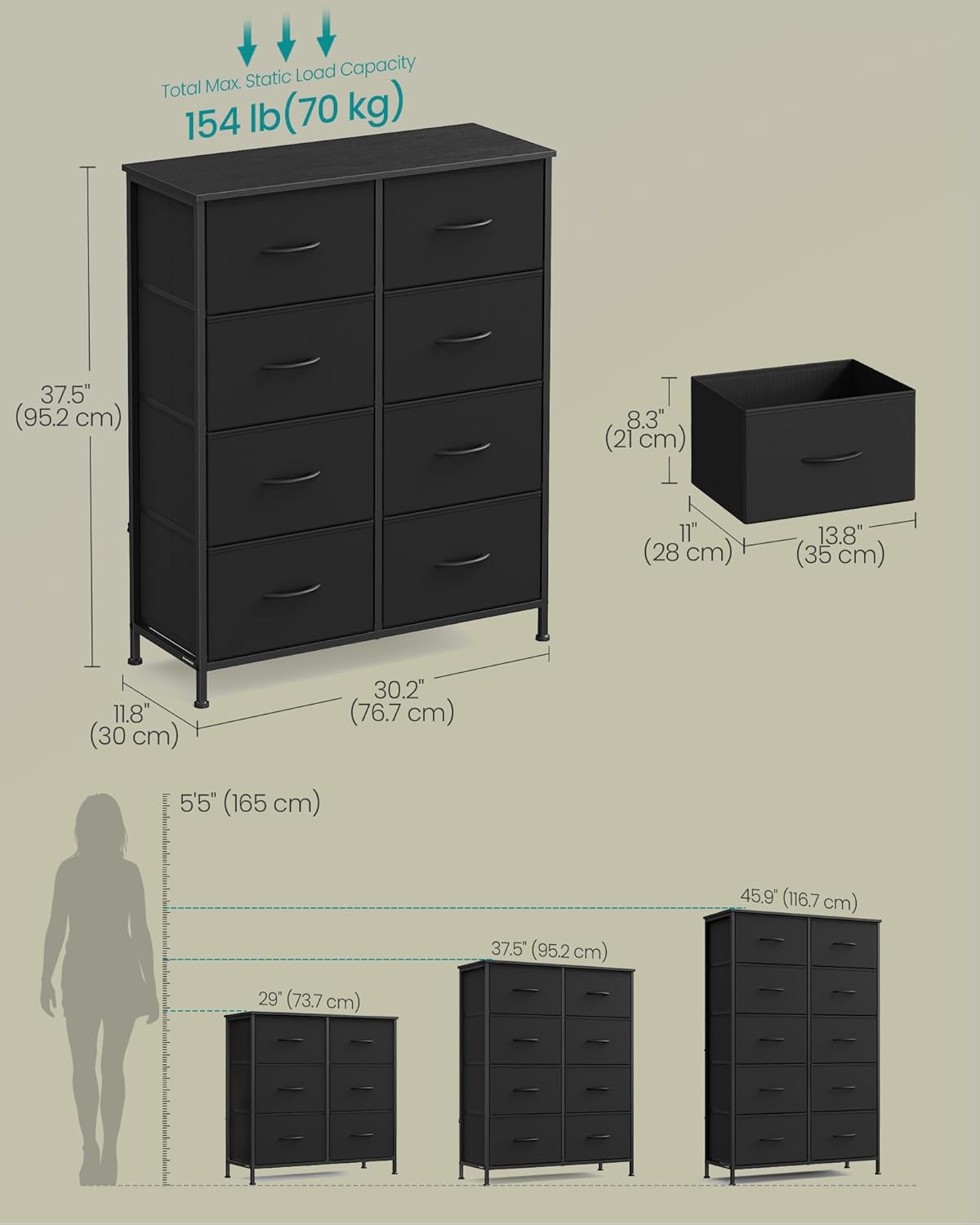 SONGMICS 8-Drawer Fabric Dresser – Black - Image 2