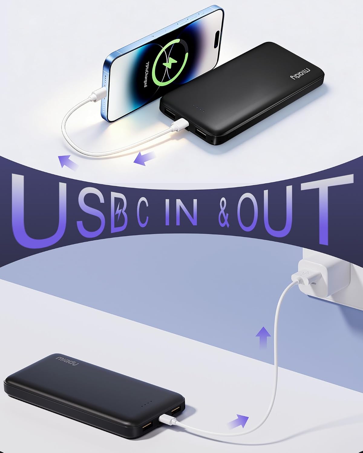 Miady 10000mAh Portable Power Bank – USB-C Fast Charging - Image 3