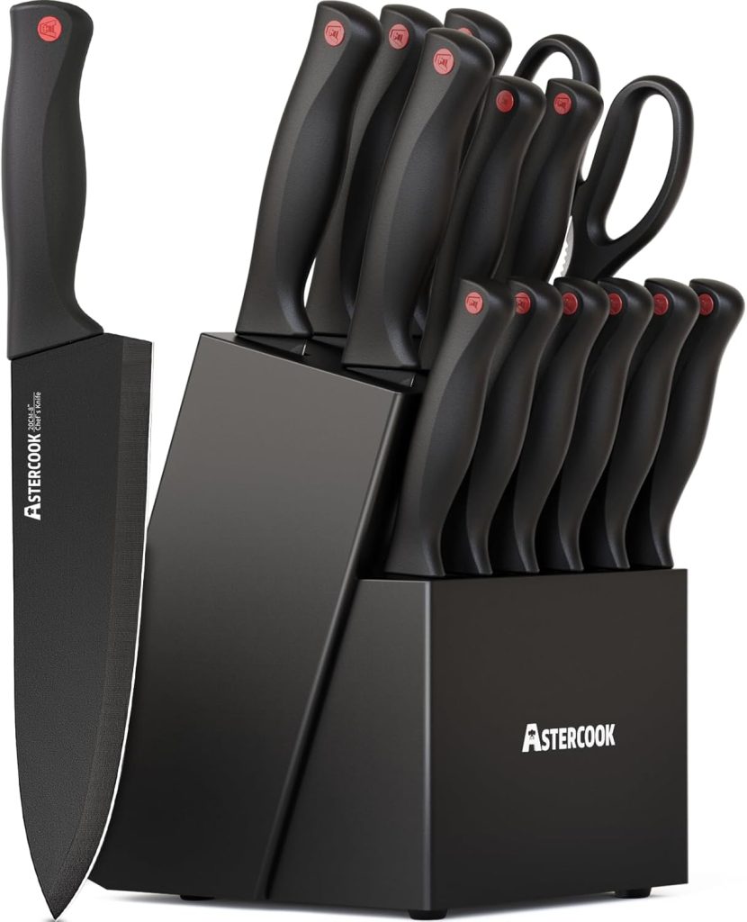 Astercook Kitchen Knife Set with Sharpener – Stainless Steel