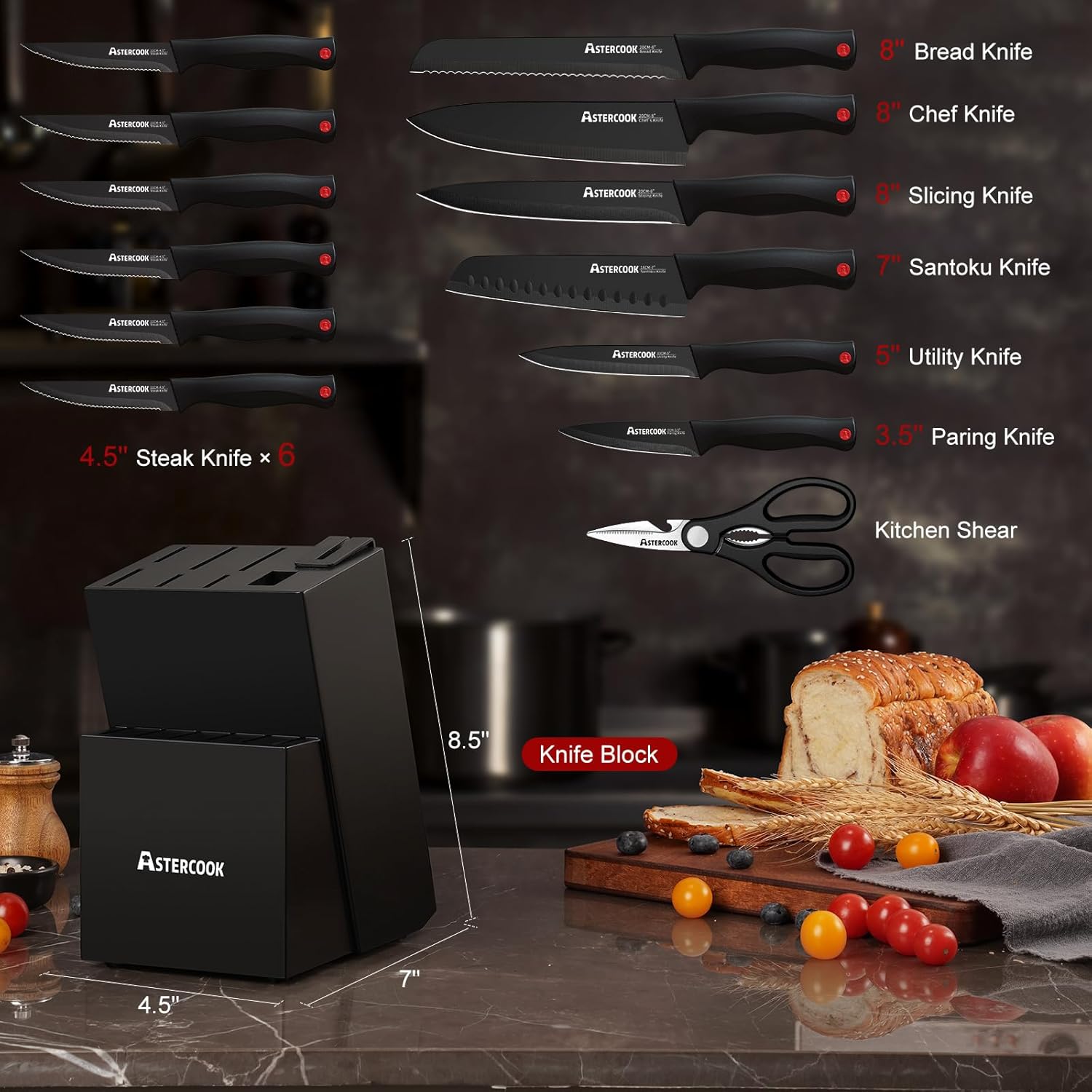 Astercook Kitchen Knife Set with Sharpener – Stainless Steel - Image 3