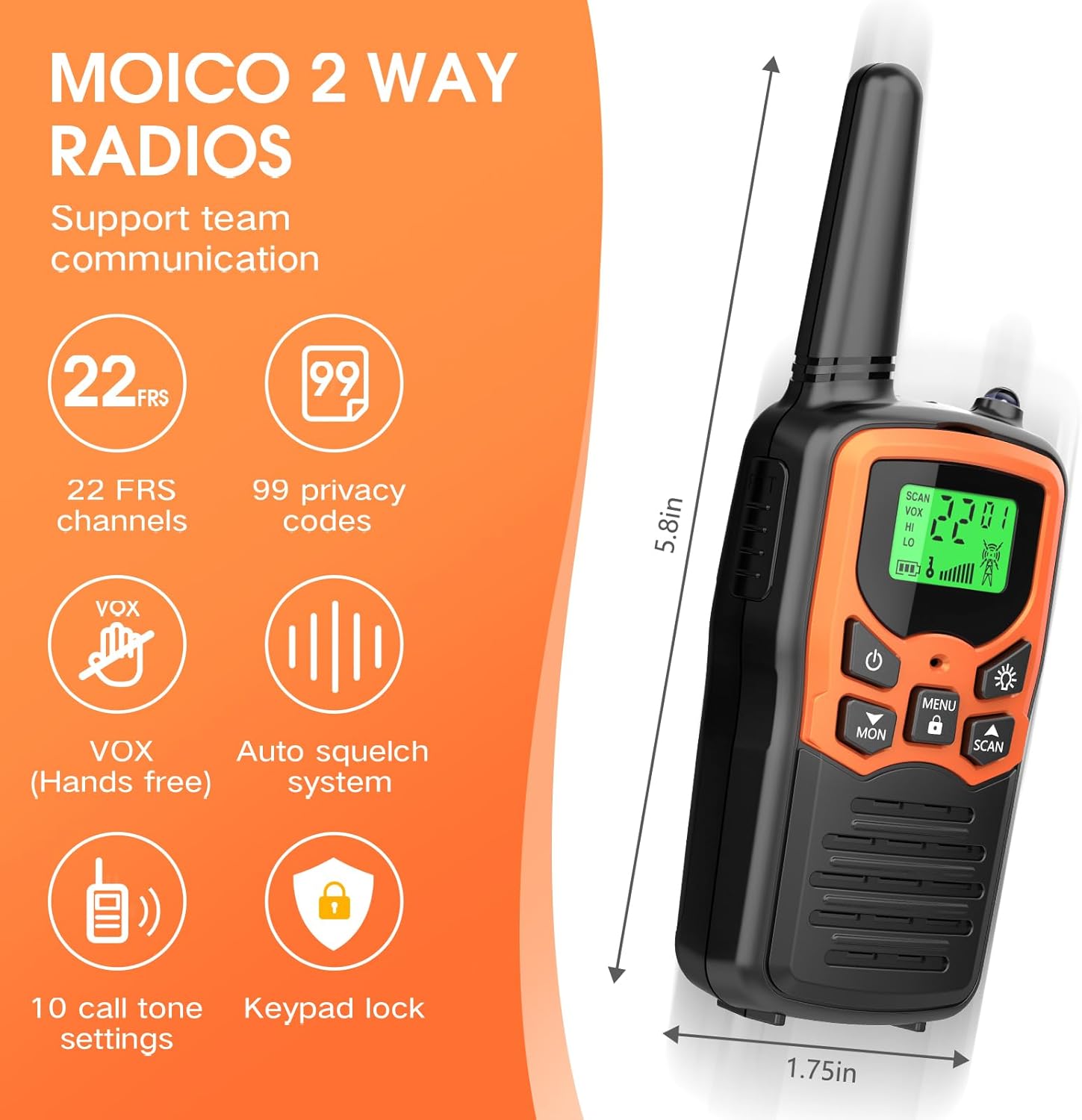 MOICO Long-Range Walkie Talkies – Orange 2 Pack - Image 2