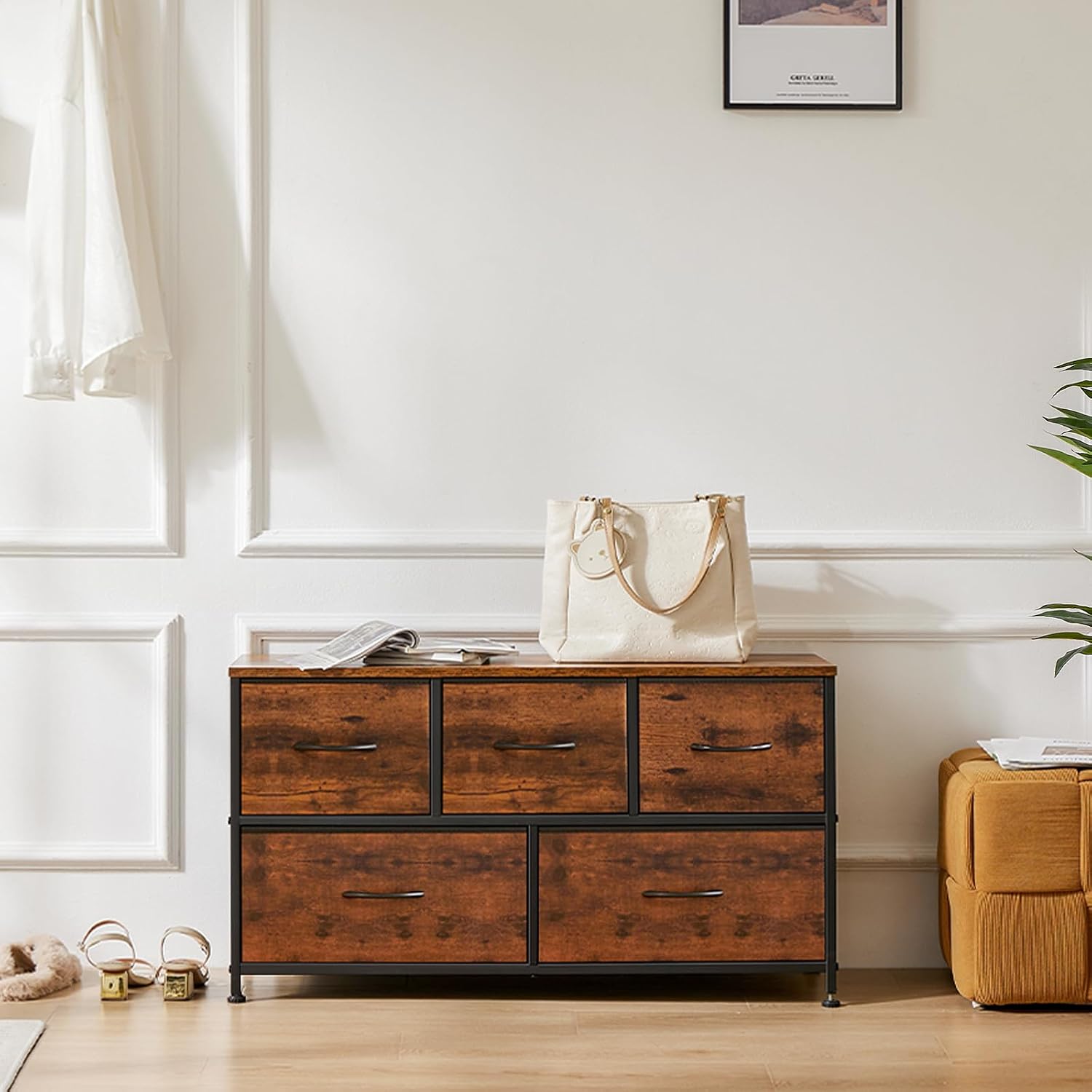 OLIXIS 5-Drawer Fabric Dresser Storage Tower – Brown - Image 2