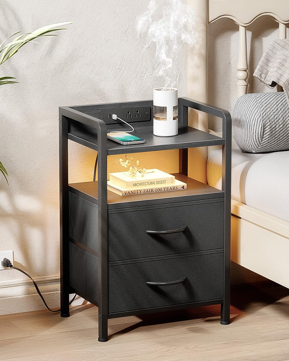 Lazzanto Nightstand with Charging Station, LED Light & 2 Drawers - Image 2