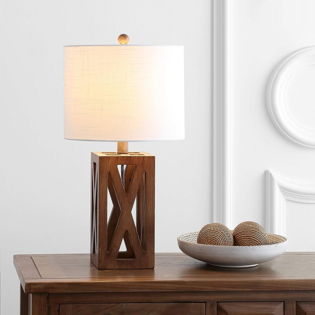 JONATHAN Y Stewart Rustic Wood Table Lamp 21.5in – Brown with White Linen Shade
